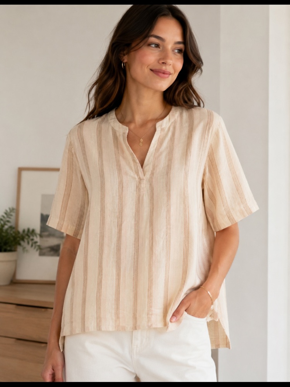 L.L. Bean Cream and Tan Striped Split-Neck Tunic Top